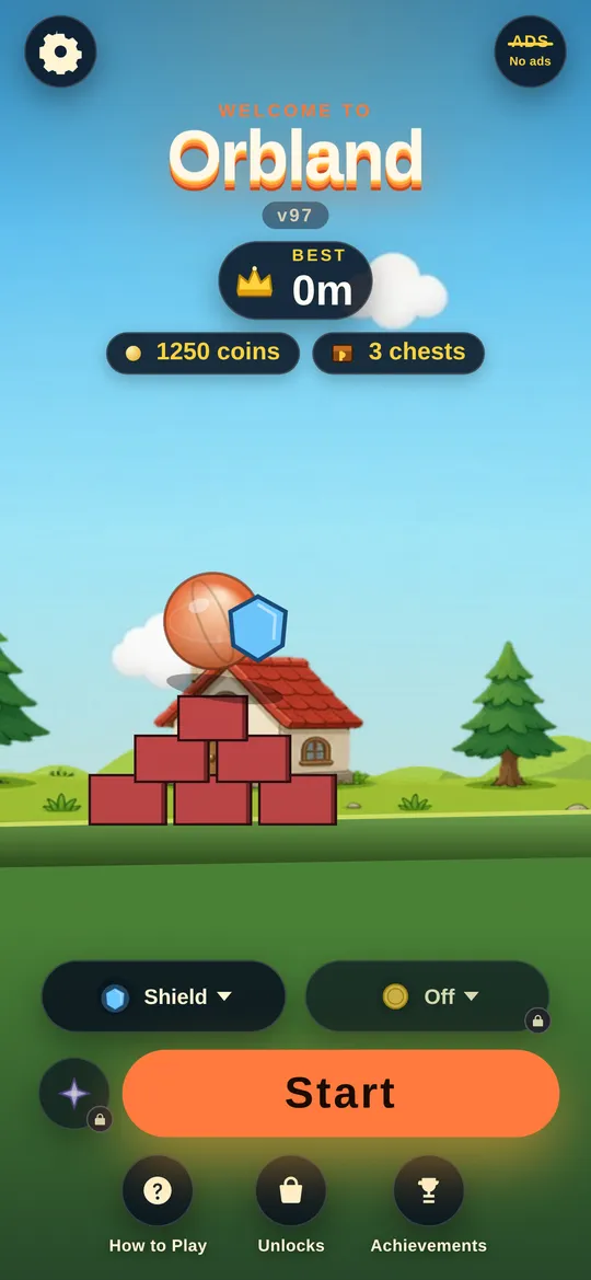 Orbland home screen: the title, a Start button and a Shield power-up selector, with the orange orb on a stack of red blocks