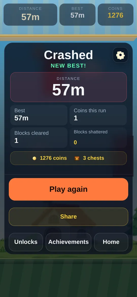 Orbland crash screen showing the run's distance, best distance, coins and blocks cleared, with Play again, Share, Unlocks, Achievements and Home buttons